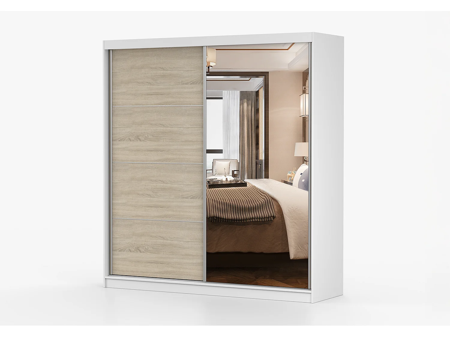 Armoire Helis 203 semi-brillant avec miroir - Blanc - Chêne