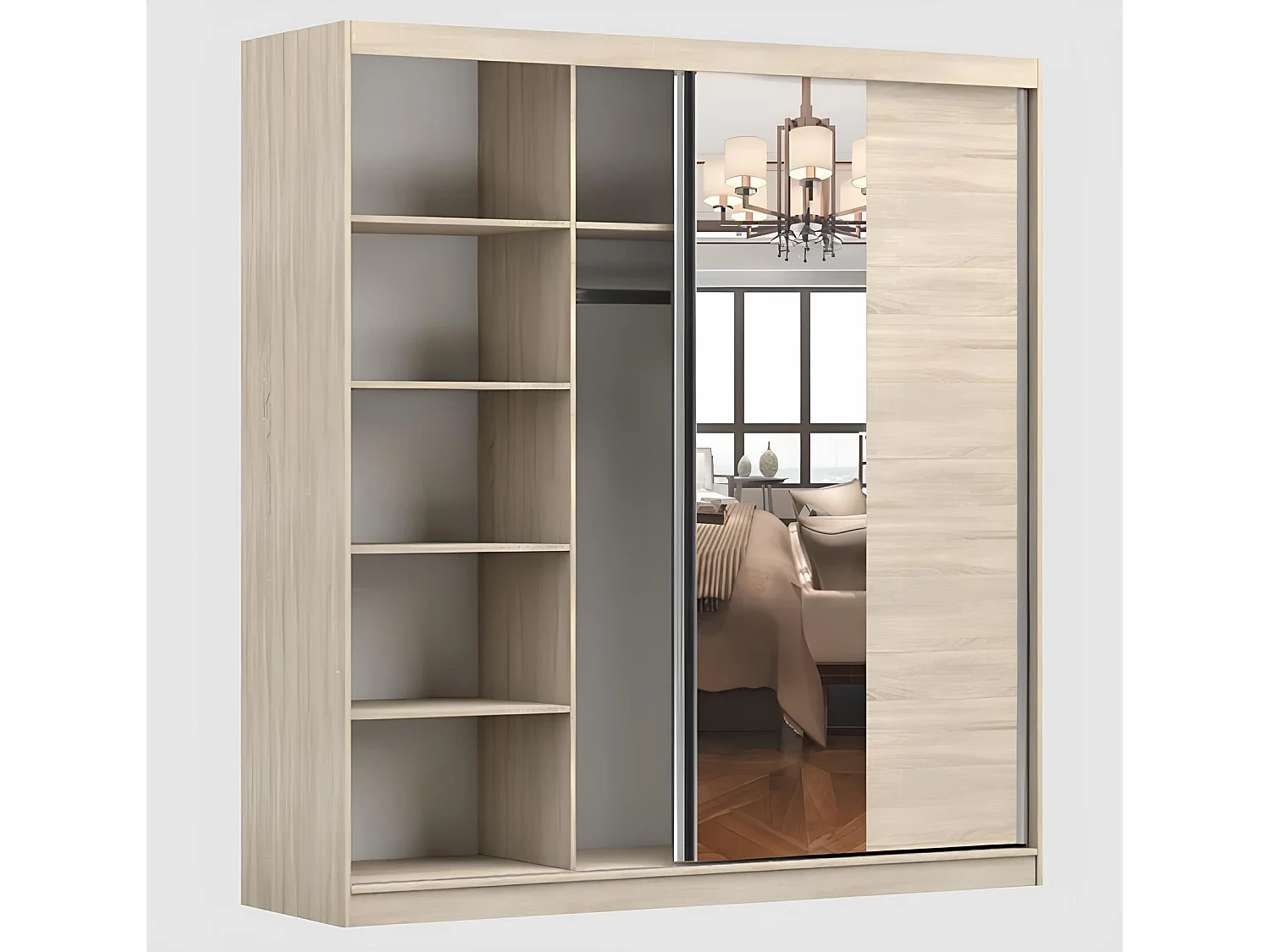 Armoire Helis 203 semi-brillant avec miroir - Blanc - Chêne