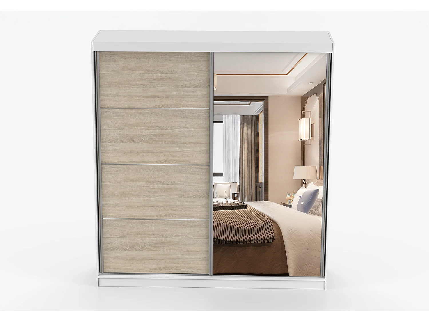 Armoire Helis 203 semi-brillant avec miroir - Blanc - Chêne