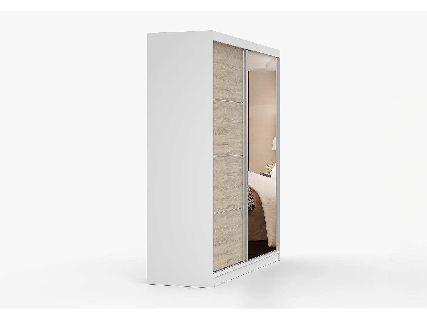 Armoire Helis 203 semi-brillant avec miroir - Blanc - Chêne