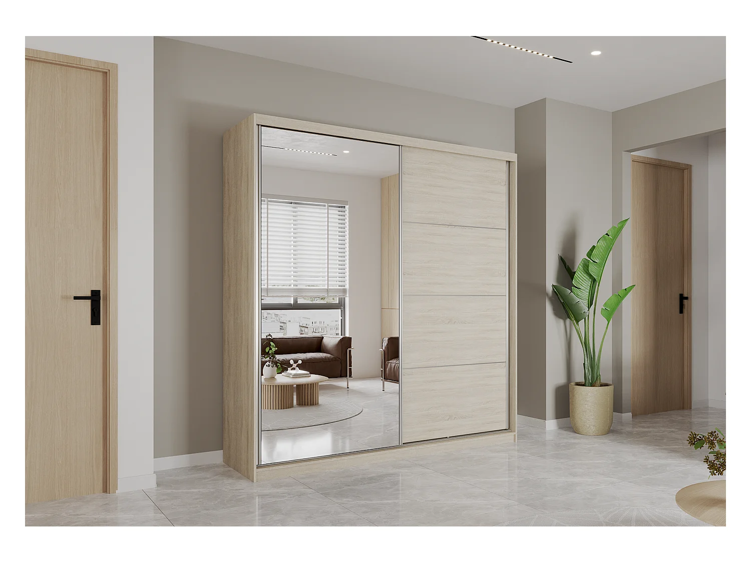 Armoire Helis 203 semi-brillant avec miroir - Chêne