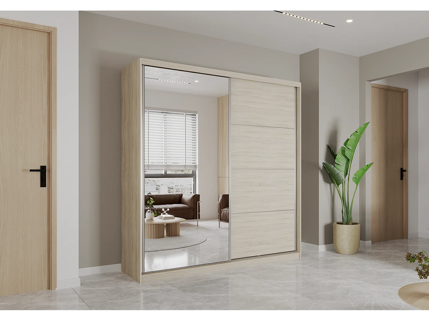 Armoire Helis 203 semi-brillant avec miroir - Chêne