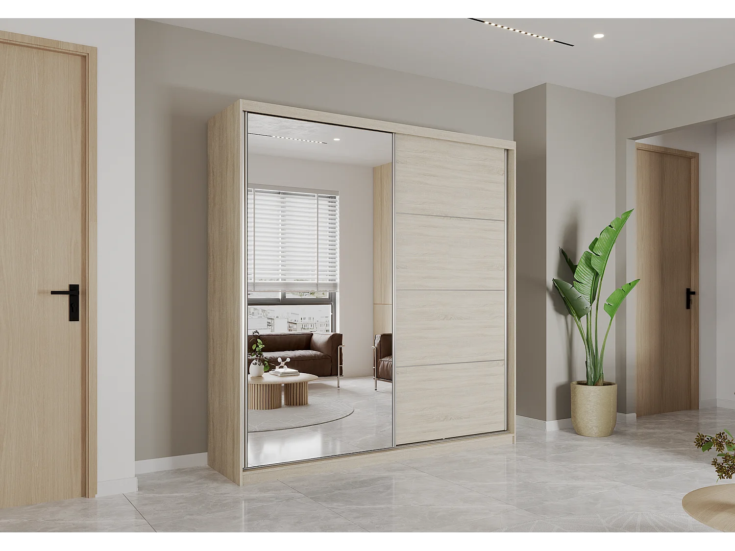 Armoire Helis 203 semi-brillant avec miroir - Chêne