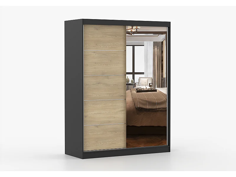 Armoire Aileen 150 cm avec miroir - Noir - Chêne crémone