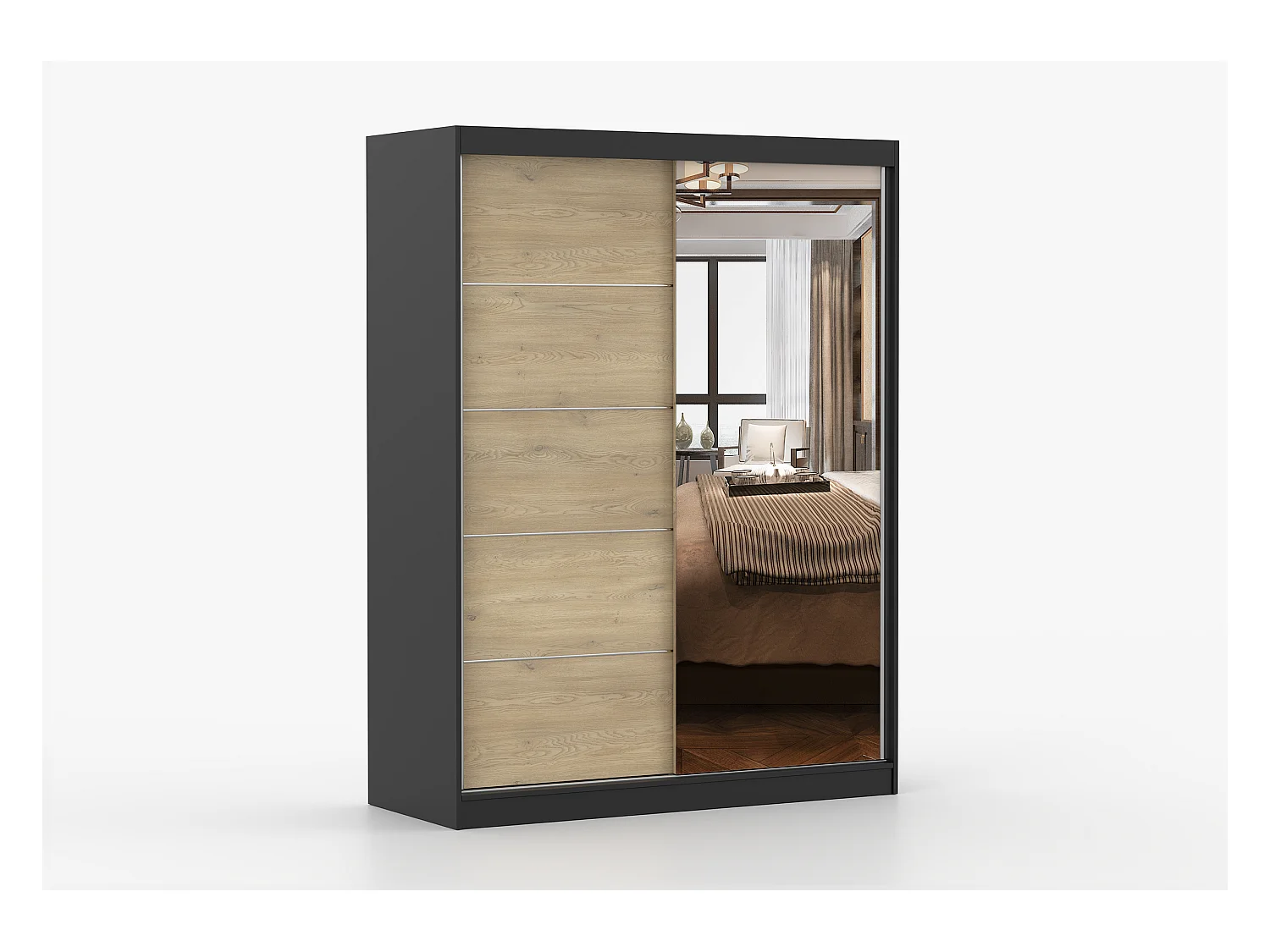 Armoire Aileen 150 cm avec miroir - Noir - Chêne crémone
