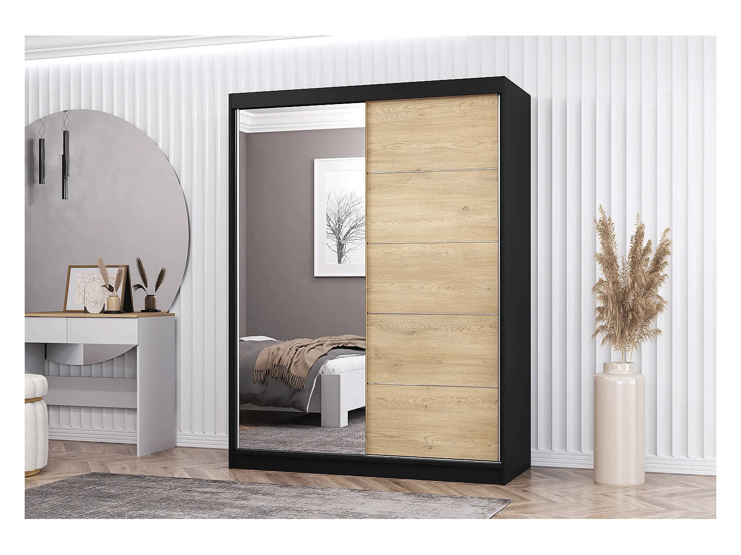 Armoire Aileen 150 cm avec miroir - Noir - Chêne crémone