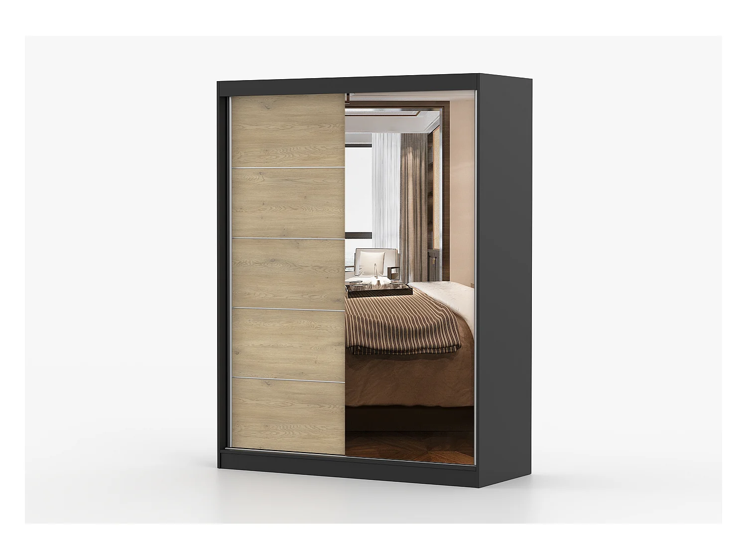 Armoire Aileen 150 cm avec miroir - Noir - Chêne crémone