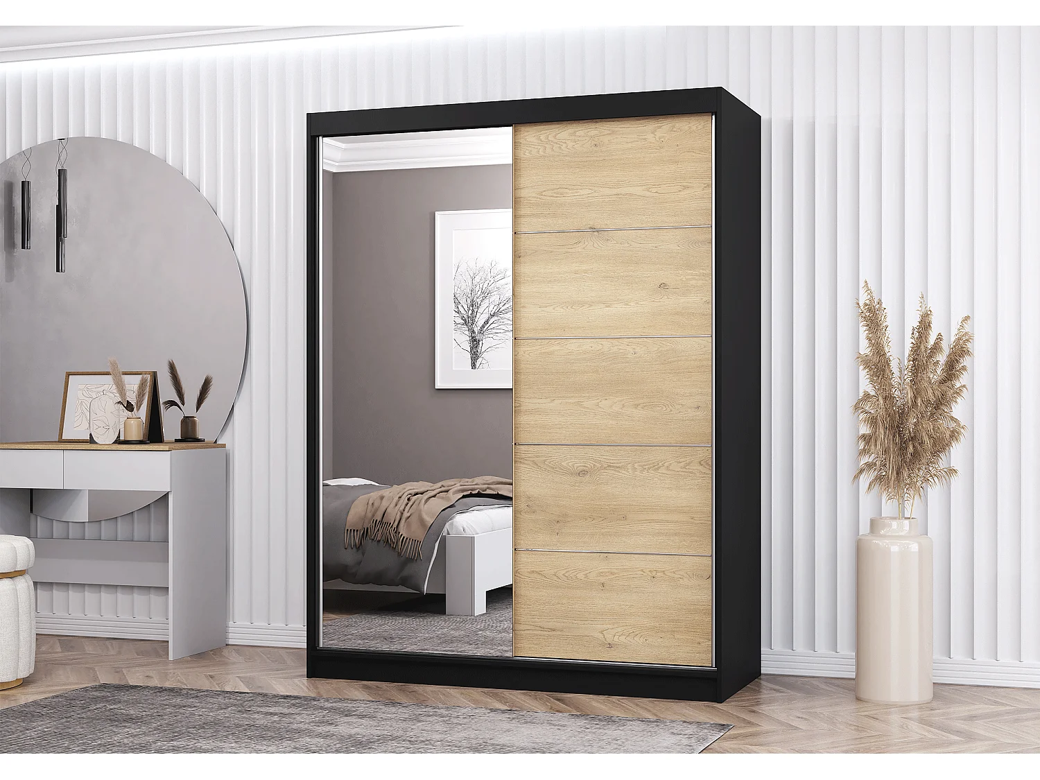 Armoire Aileen 150 cm avec miroir - Noir - Chêne crémone