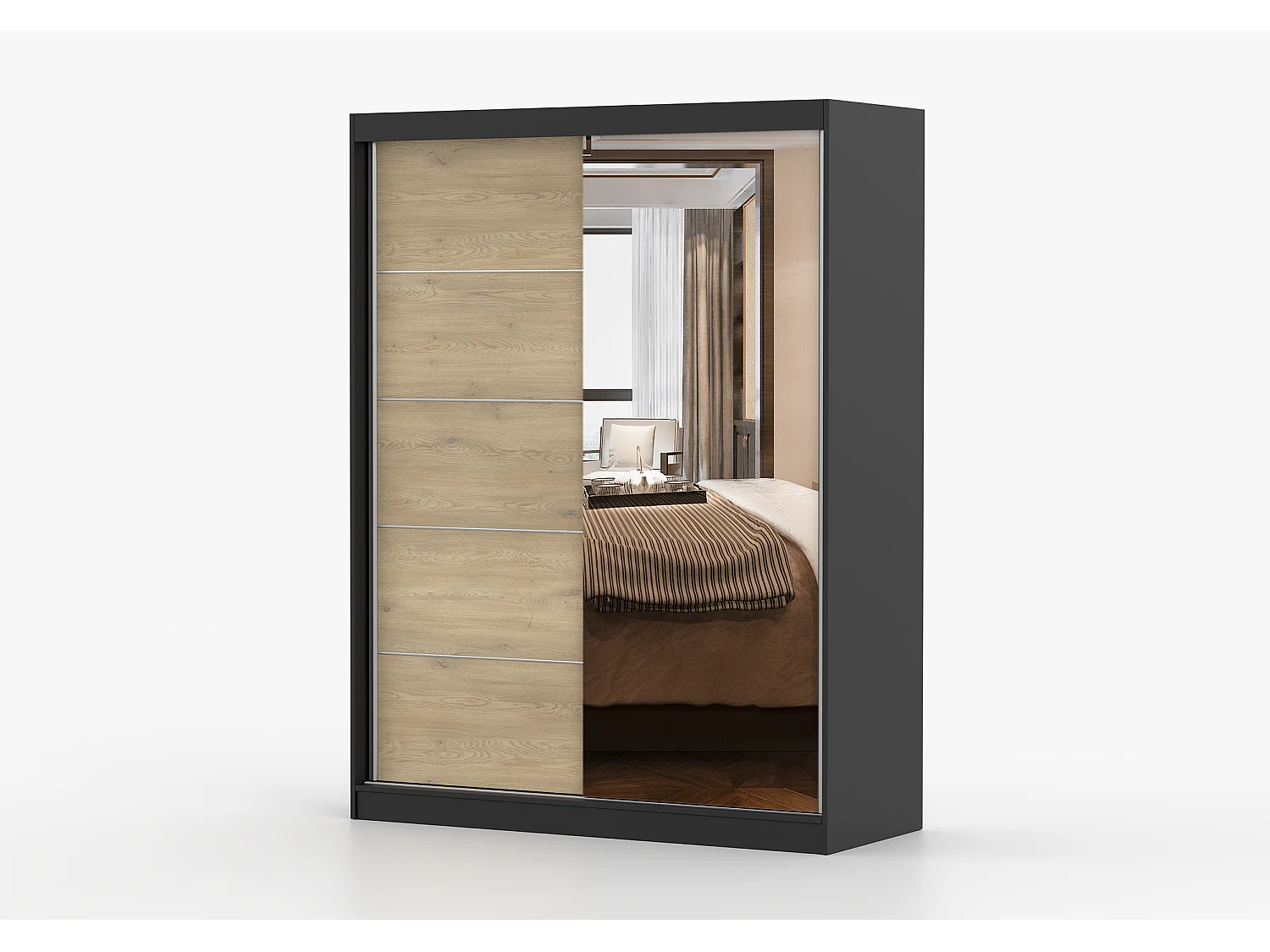 Armoire Aileen 150 cm avec miroir - Noir - Chêne crémone