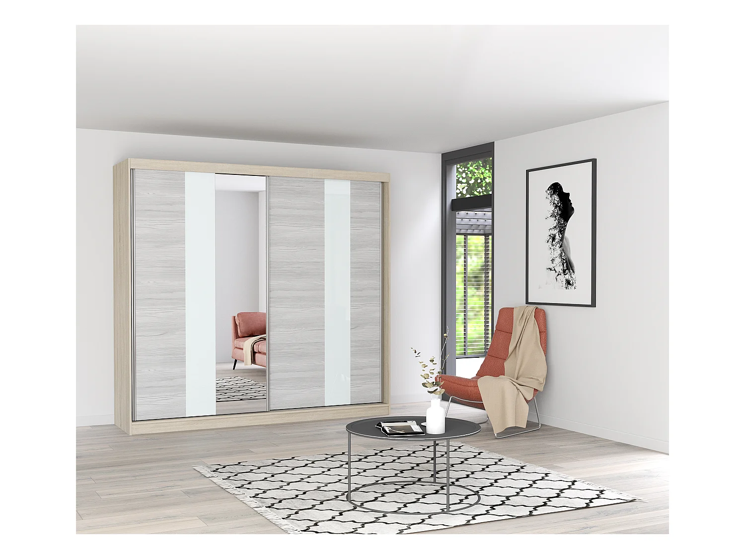 Armoire Rhéa 233 cm avec miroir - Chêne - Kathult