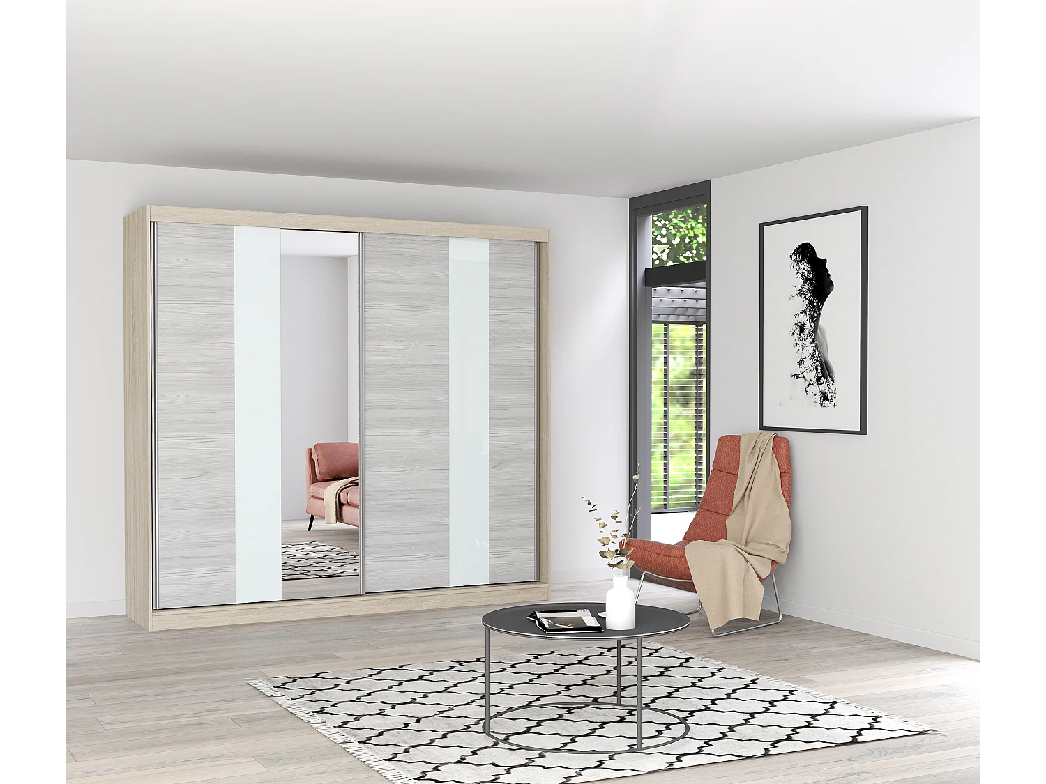 Armoire Rhéa 233 cm avec miroir - Chêne - Kathult