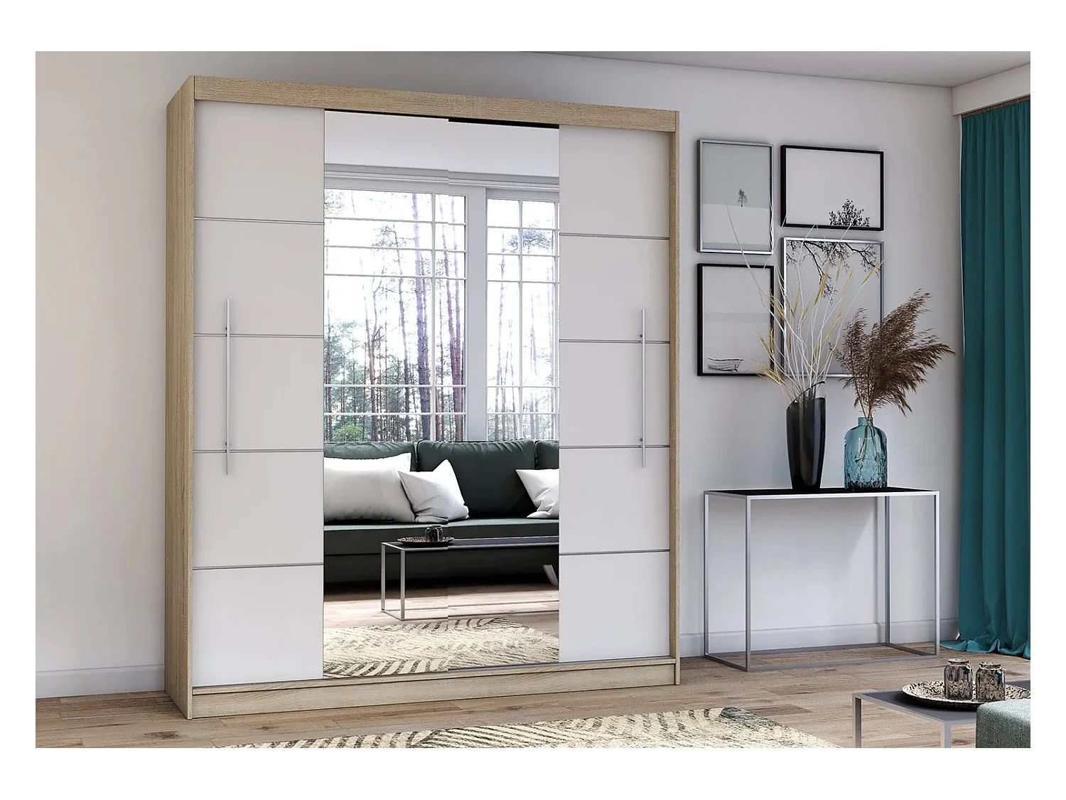 Armoire Orelia 203 cm avec miroir - Chêne - Blanc