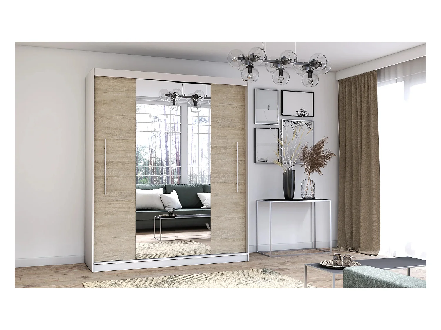 Armoire Eireen I 203 cm avec miroir - Blanc - Chêne