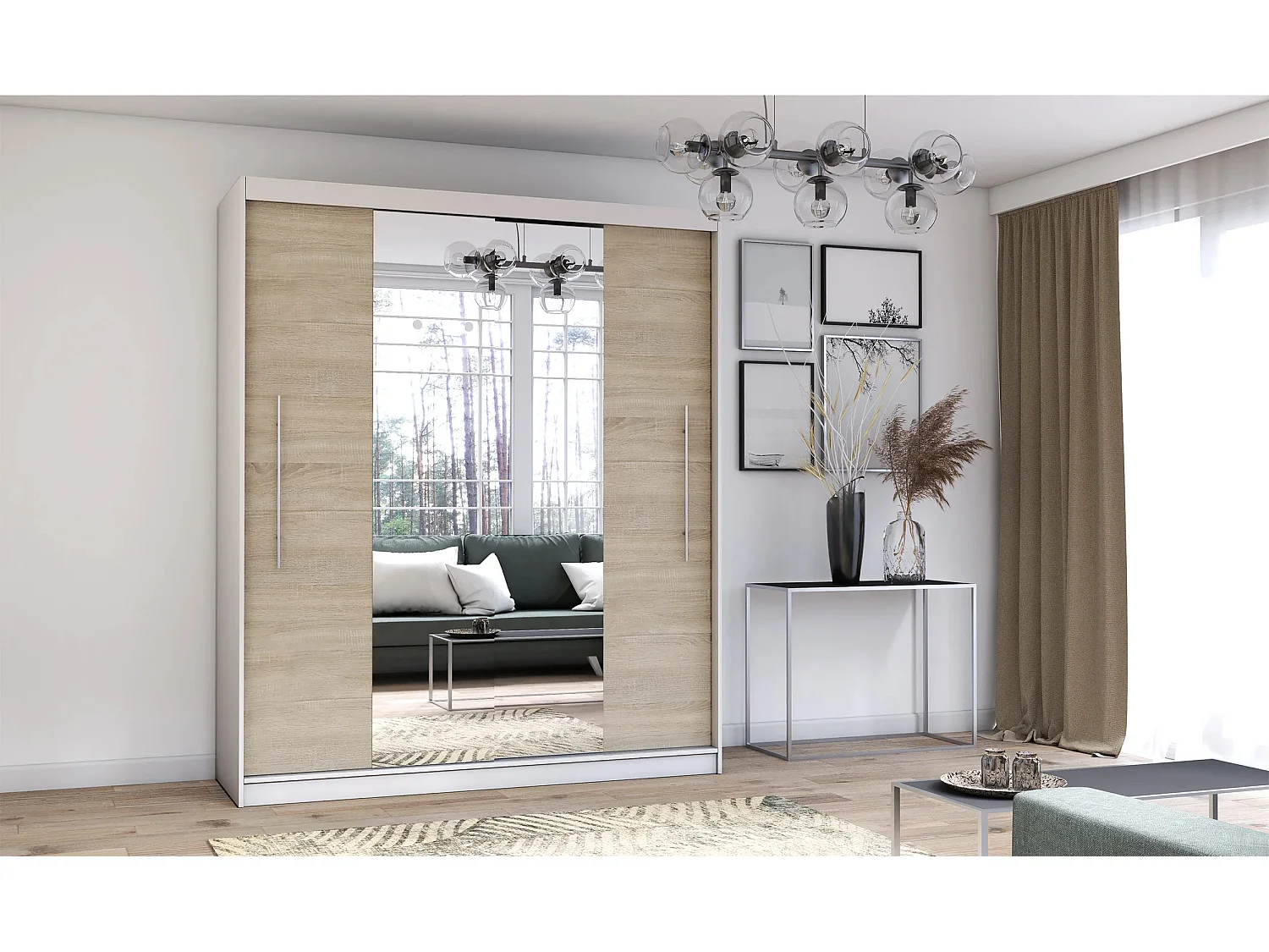 Armoire Eireen I 203 cm avec miroir - Blanc - Chêne