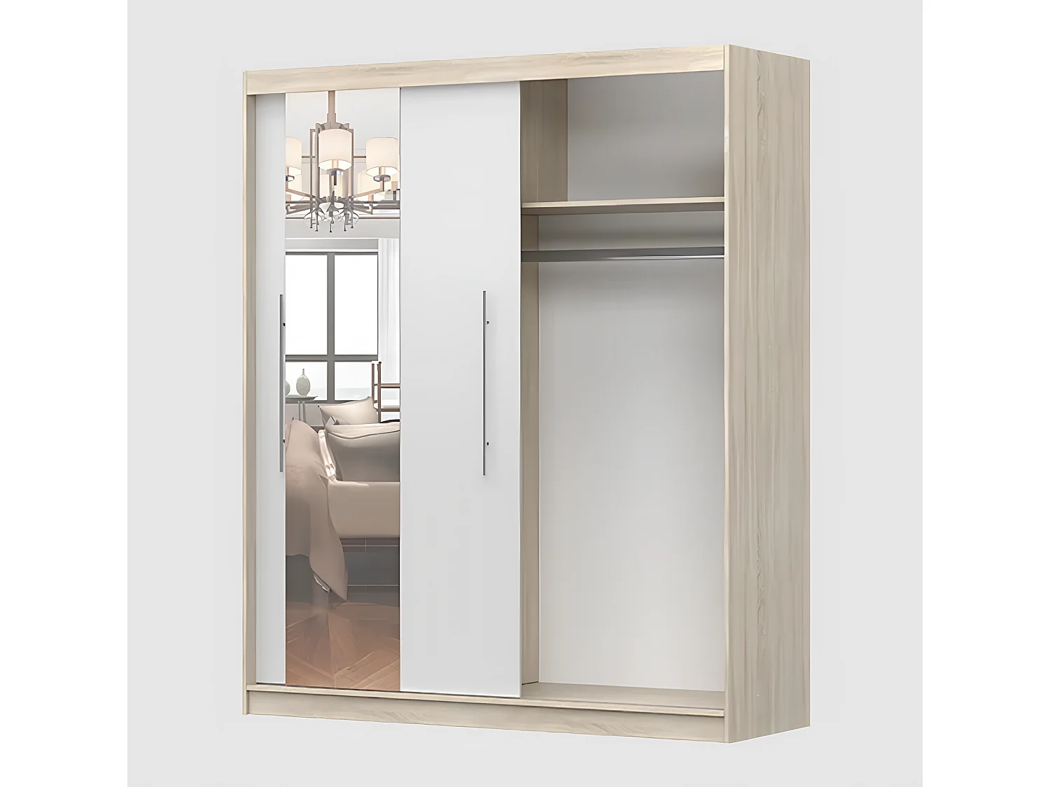 Armoire Eireen I 203 cm avec miroir - Blanc - Chêne