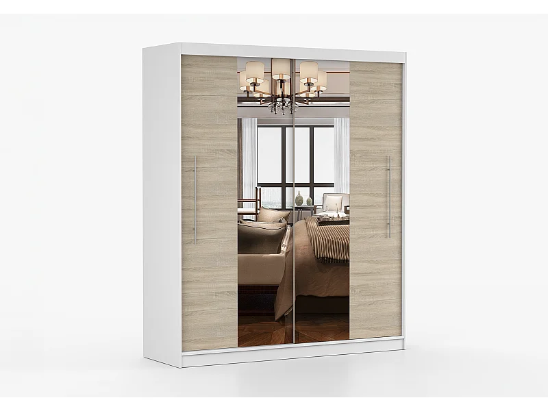 Armoire Eireen I 203 cm avec miroir - Blanc - Chêne