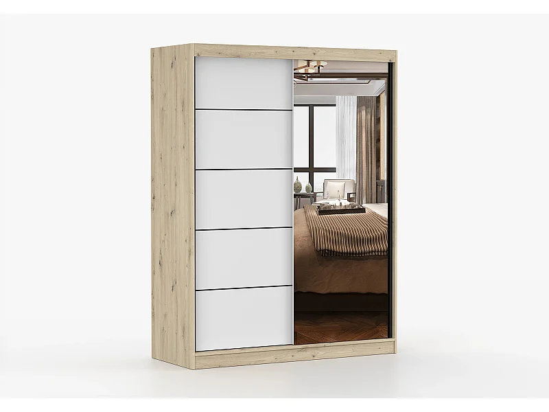 Armoire Enola 150 cm avec miroir - Effet bois - Blanc