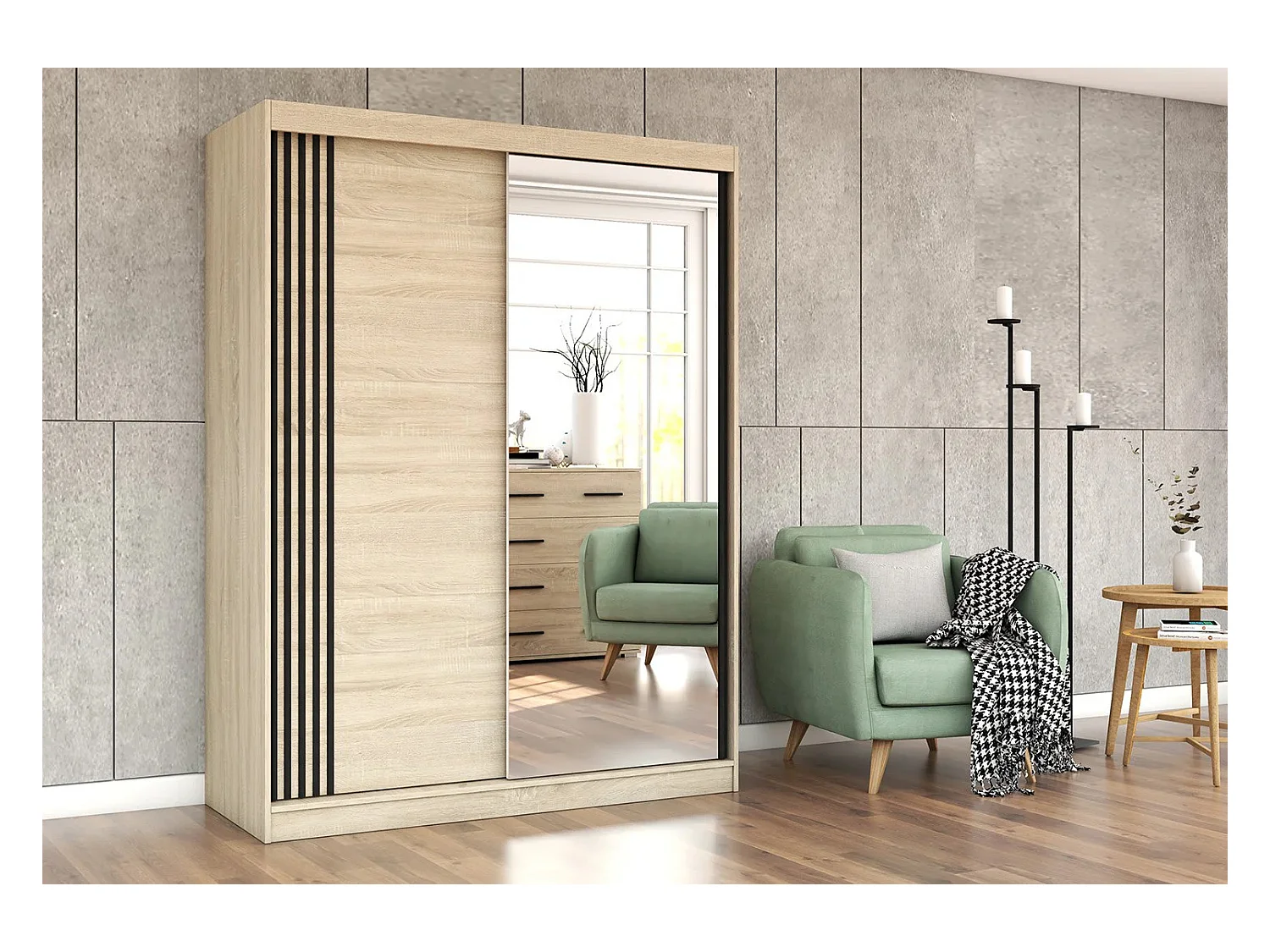 Armoire Elowen 150 cm avec miroir - Chêne