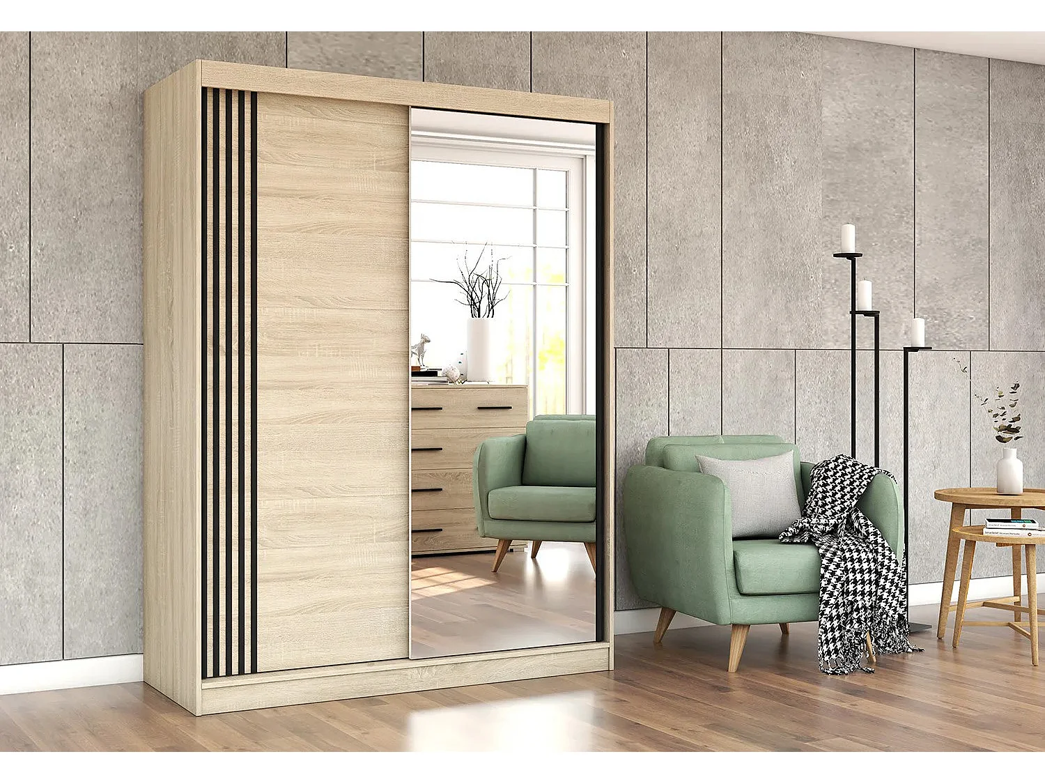 Armoire Elowen 150 cm avec miroir - Chêne