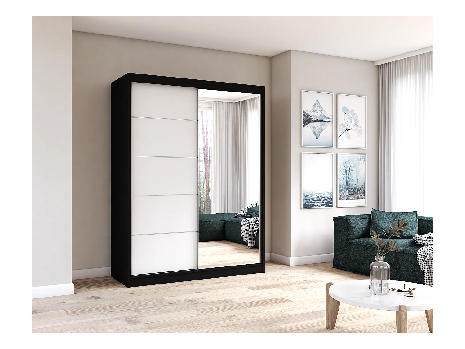 Armoire Vaiana 150 cm avec miroir - Noir - Blanc