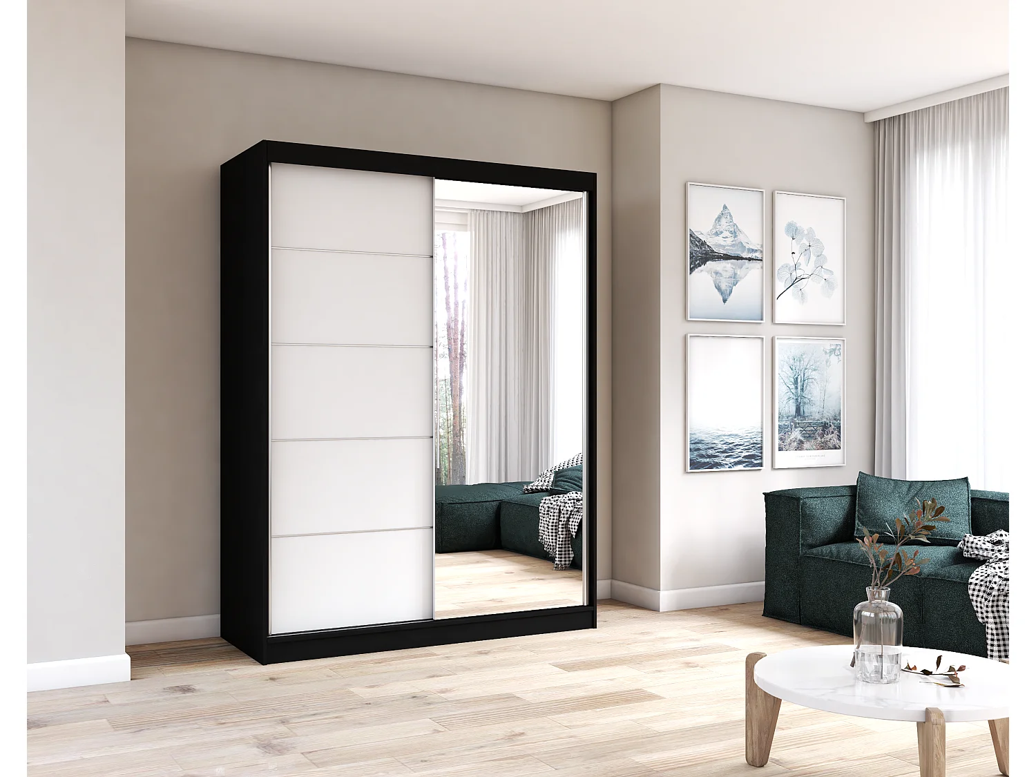 Armoire Vaiana 150 cm avec miroir - Noir - Blanc