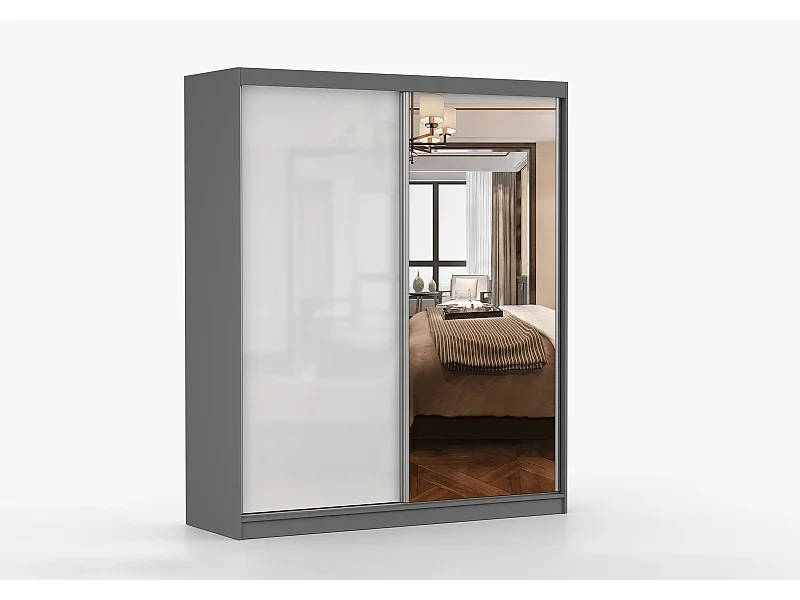 Armoire Nyméria 183 cm avec miroir - Gris - Blanc
