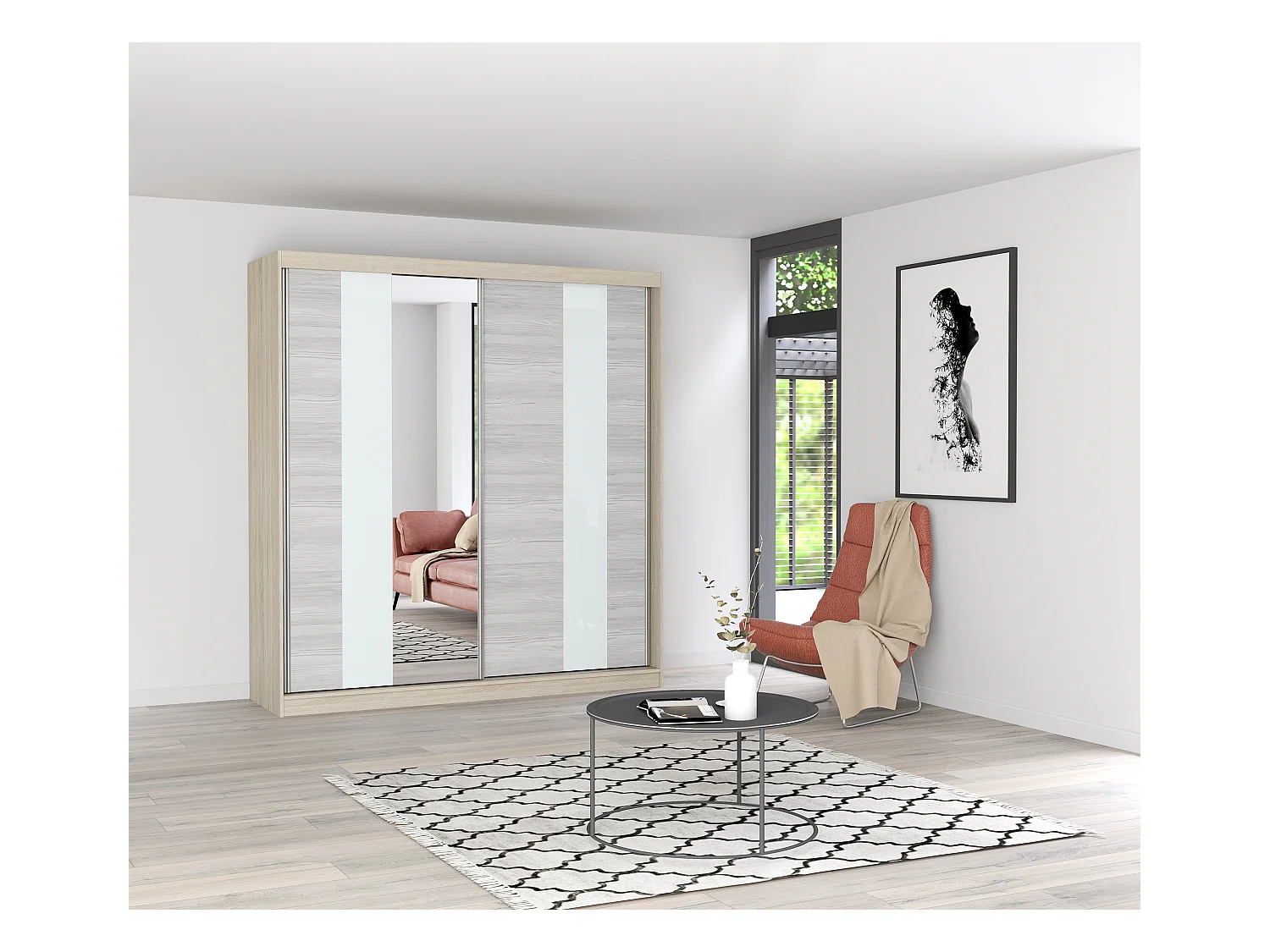 Armoire Évania 203 cm avec miroir - Chêne - Kathult