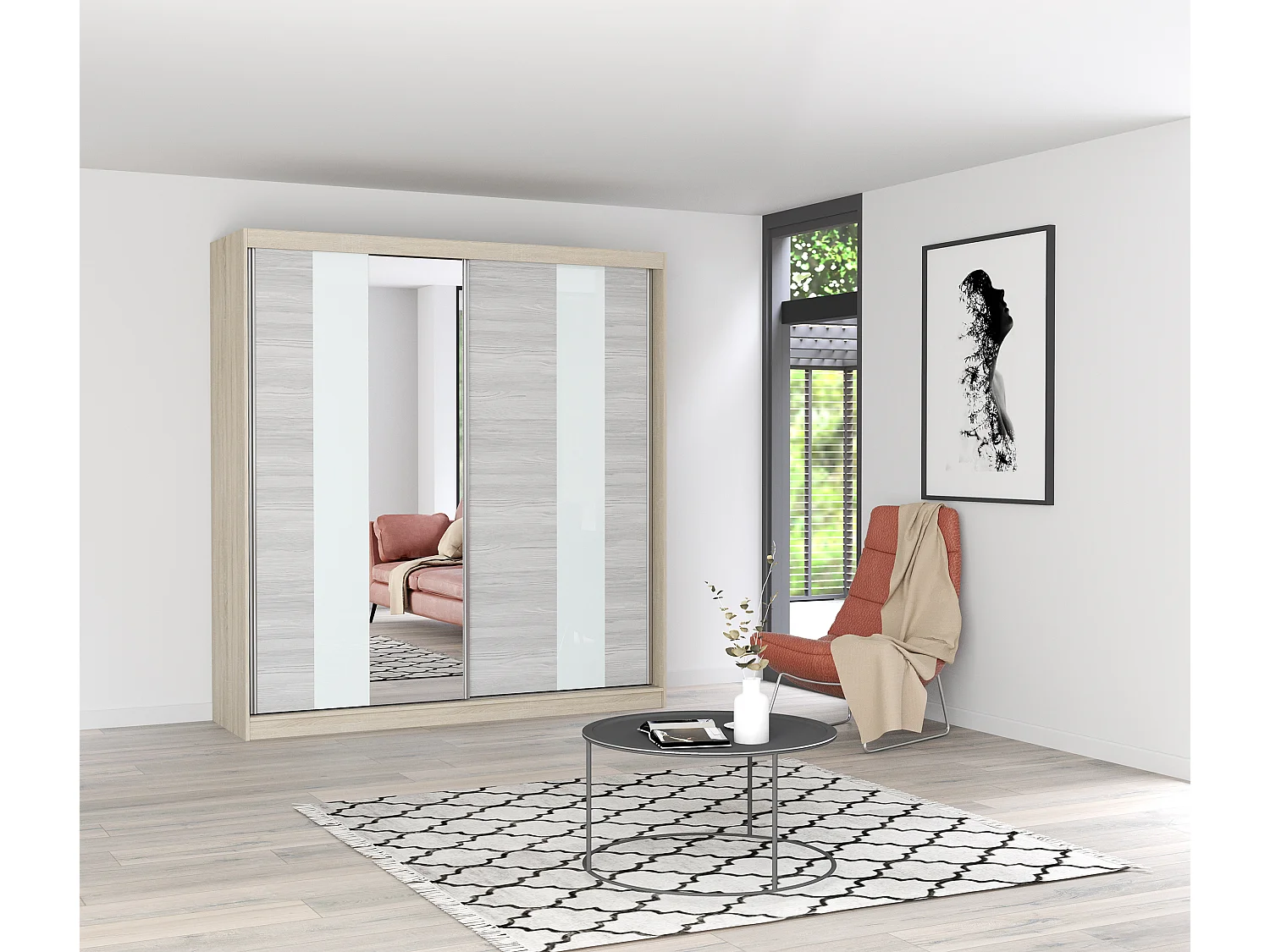 Armoire Évania 203 cm avec miroir - Chêne - Kathult