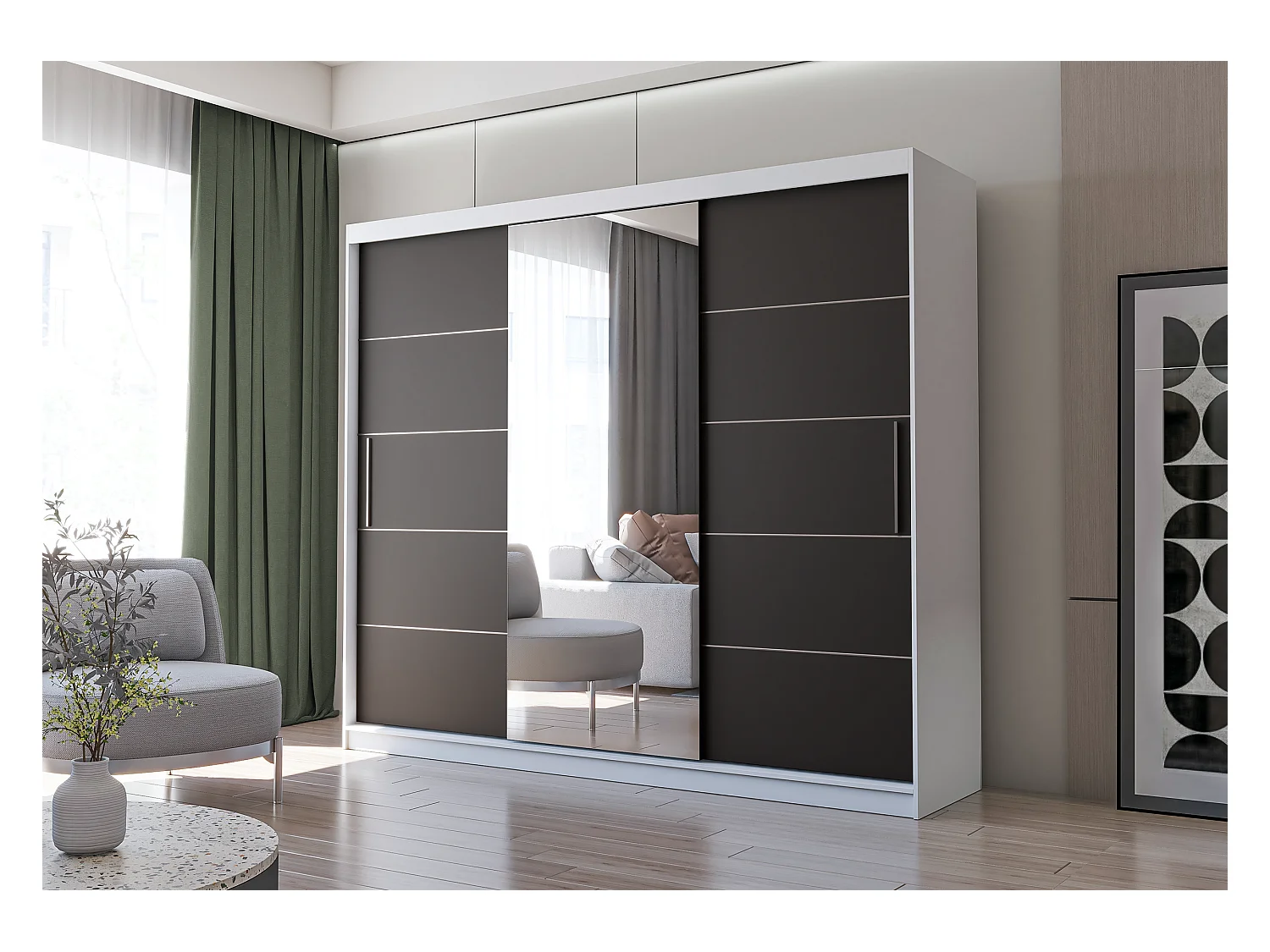 Armoire Théana avec miroir 250 cm - Blanc - Noir