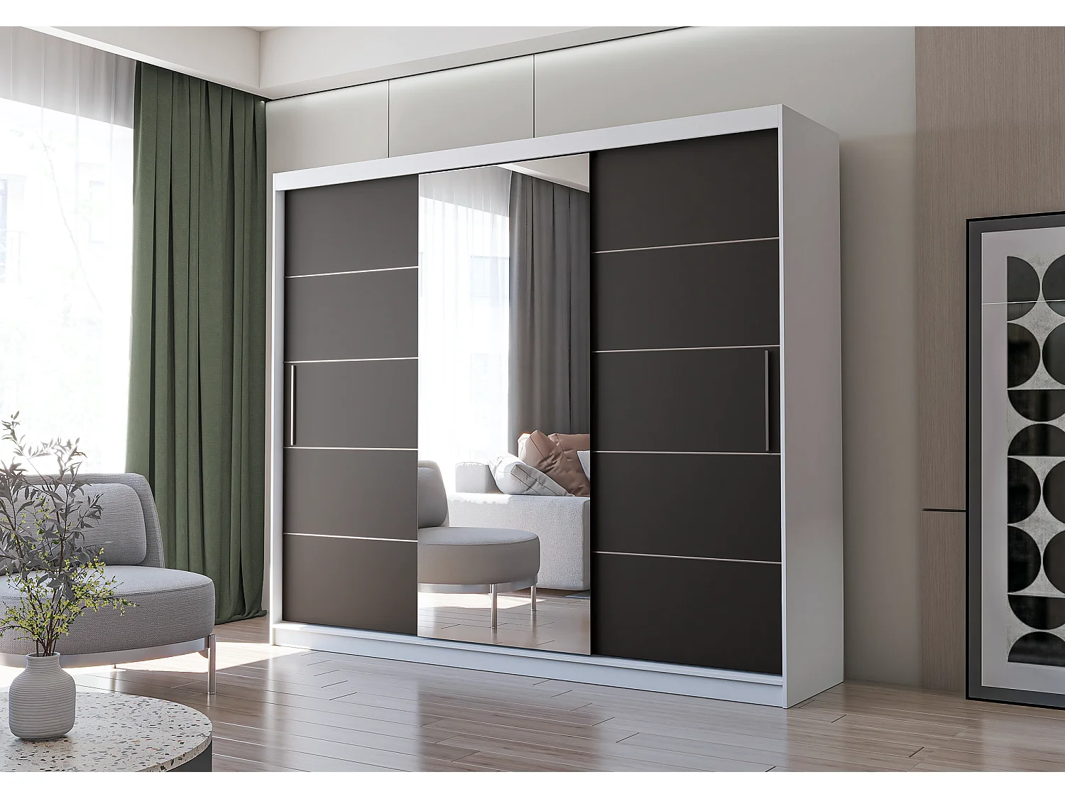 Armoire Théana avec miroir 250 cm - Blanc - Noir