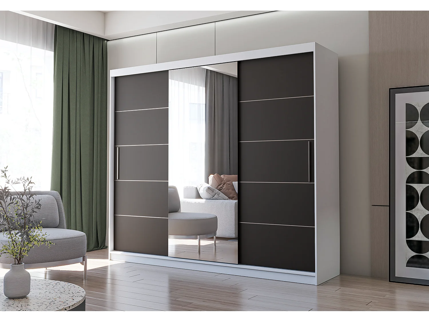 Armoire Théana avec miroir 250 cm - Blanc - Noir