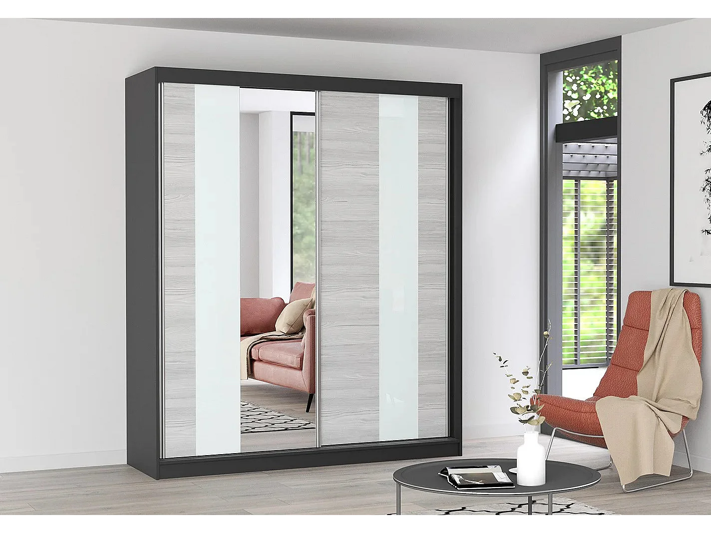 Armoire Lyra 183 cm avec miroir - Noir - Kathult