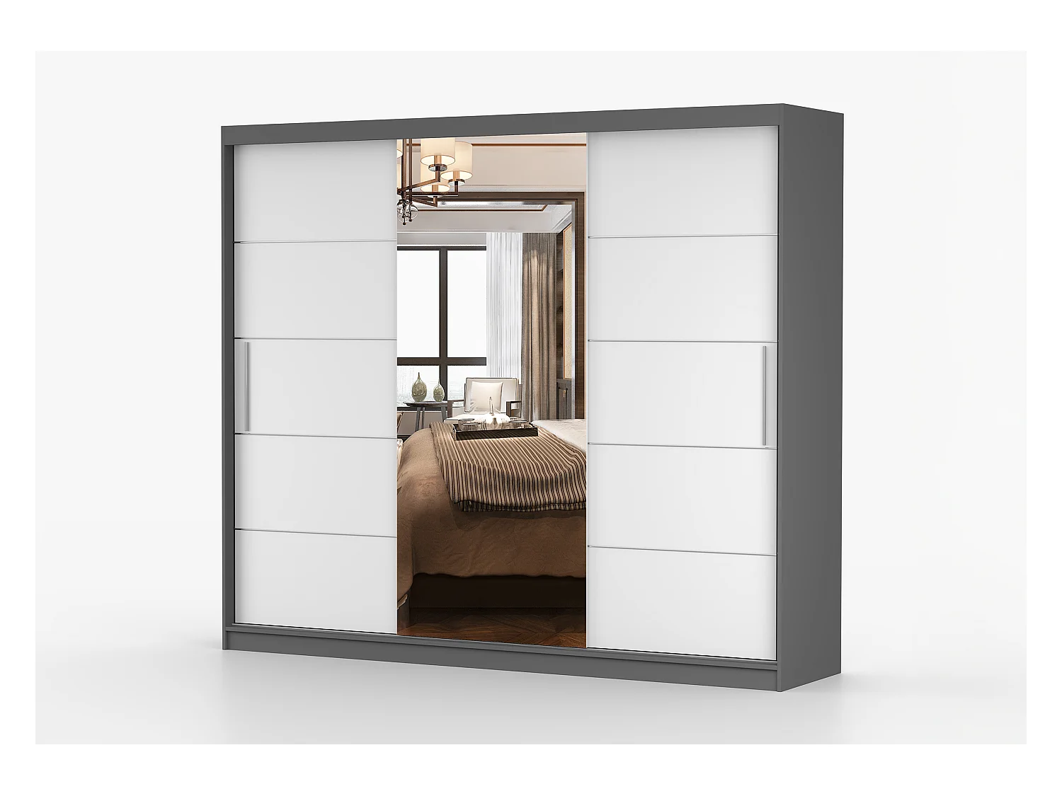 Armoire Olympe 233 cm avec miroir - Gris - Blanc