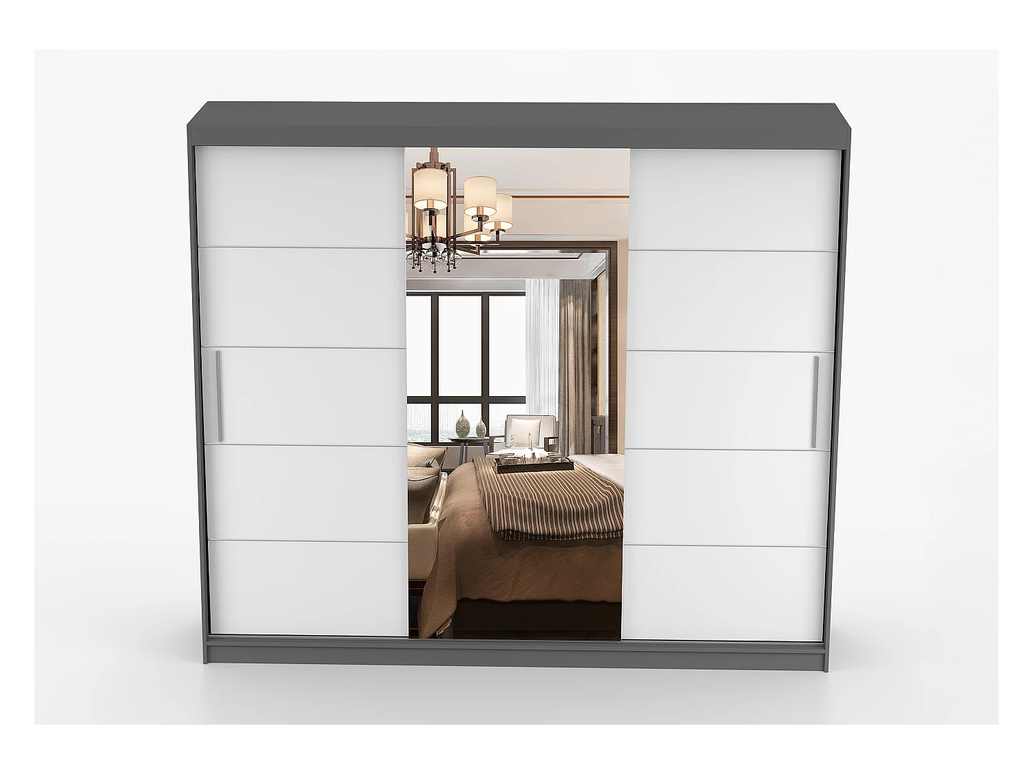 Armoire Olympe 233 cm avec miroir - Gris - Blanc