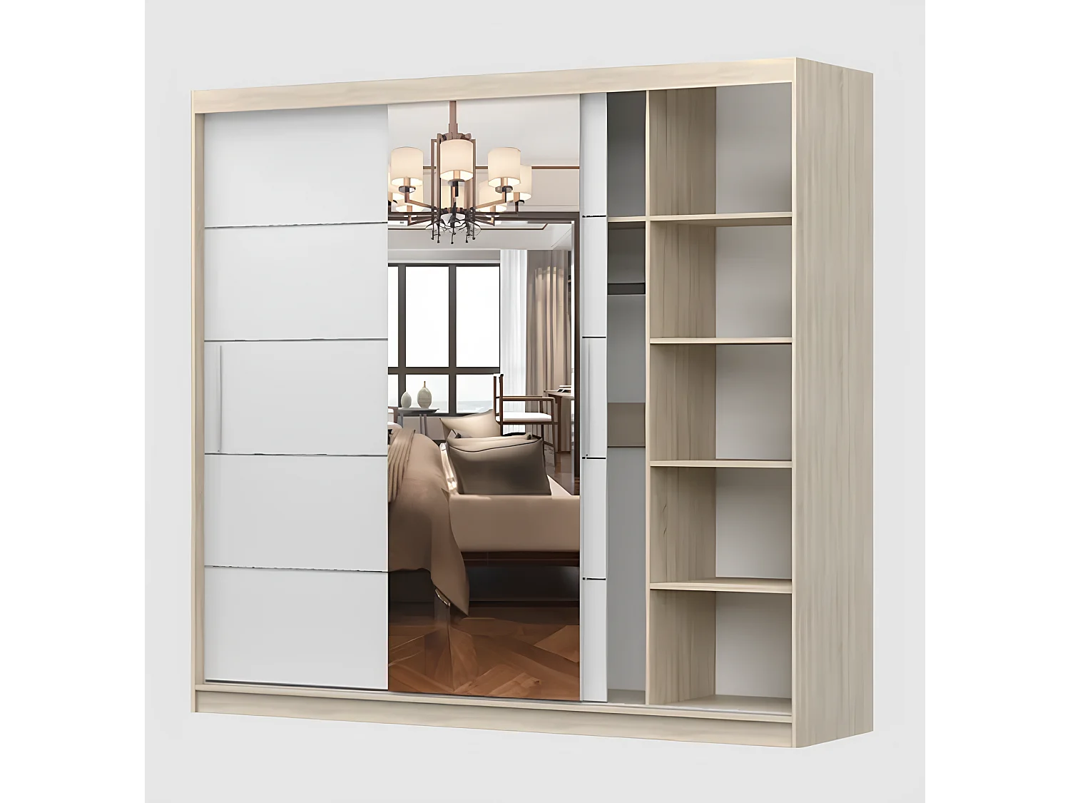 Armoire Olympe 233 cm avec miroir - Gris - Blanc