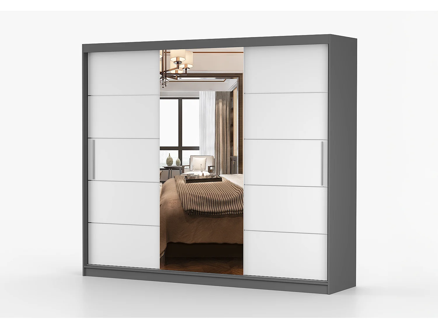 Armoire Olympe 233 cm avec miroir - Gris - Blanc