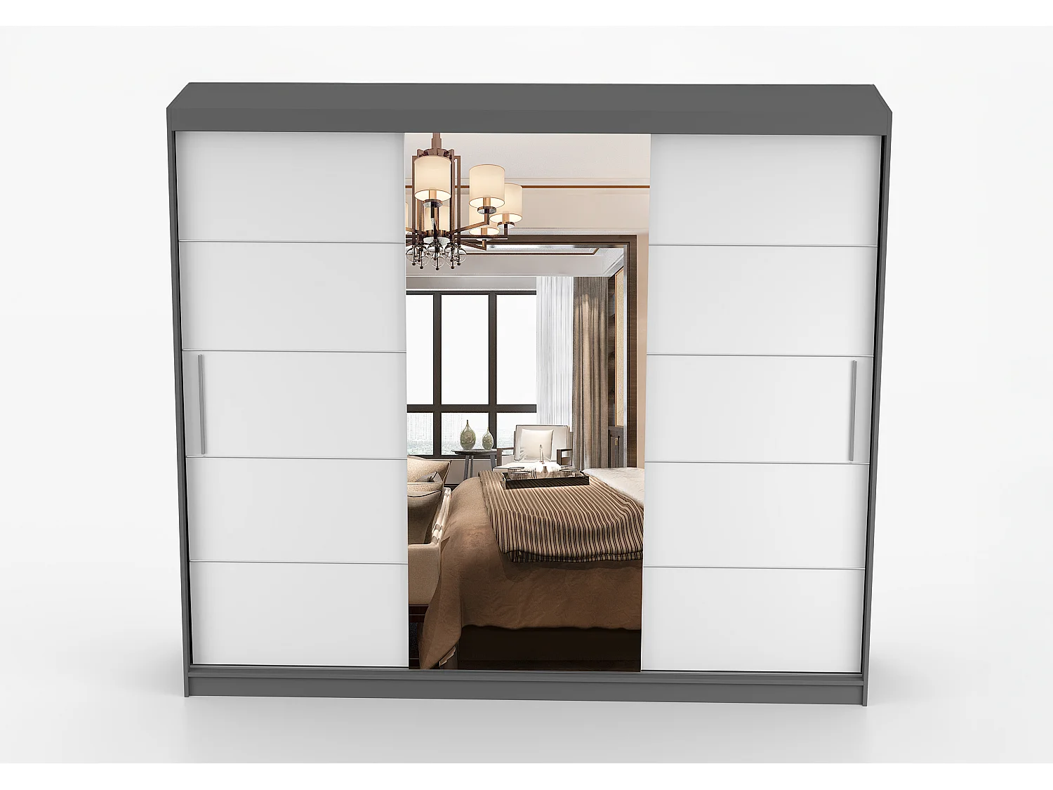 Armoire Olympe 233 cm avec miroir - Gris - Blanc