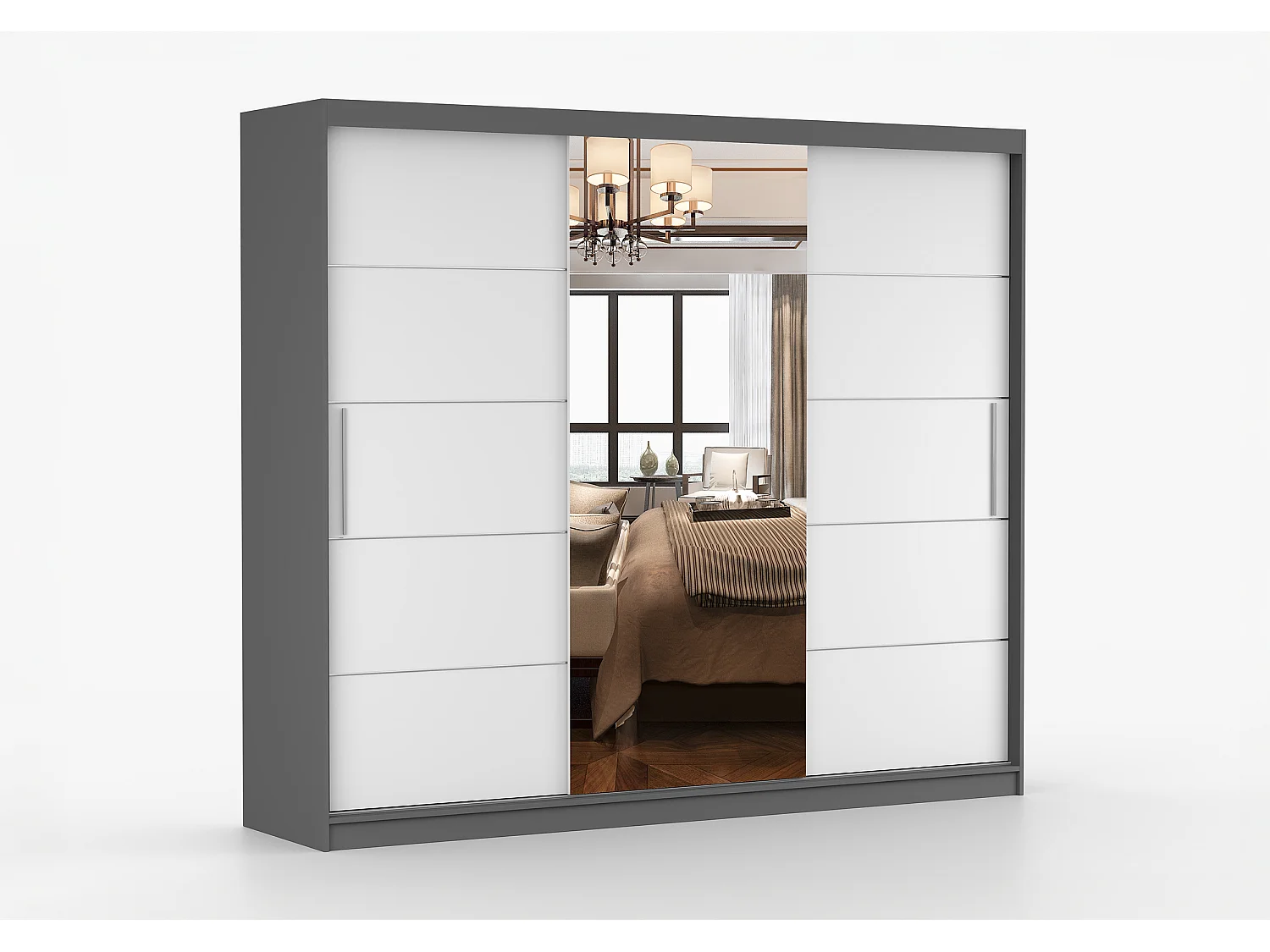 Armoire Olympe 233 cm avec miroir - Gris - Blanc