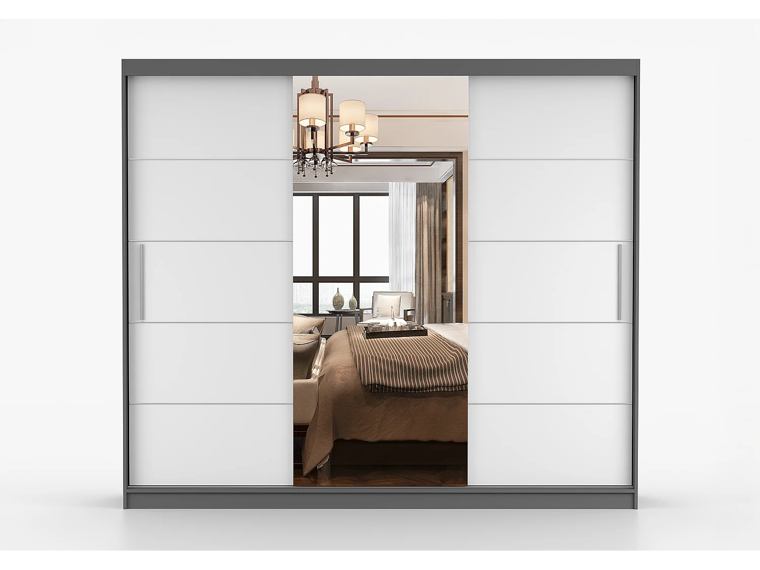 Armoire Olympe 233 cm avec miroir - Gris - Blanc