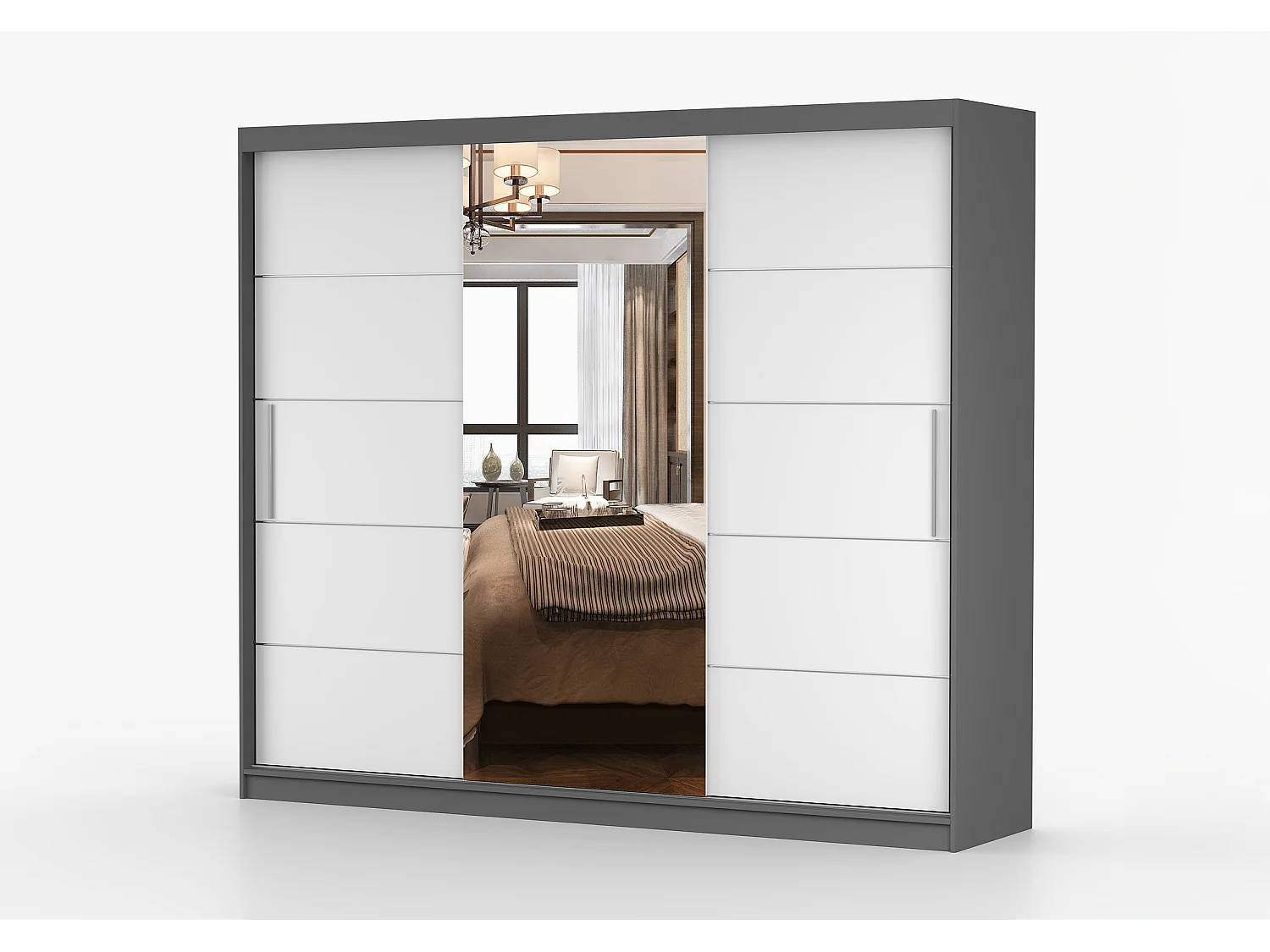 Armoire Olympe 233 cm avec miroir - Gris - Blanc