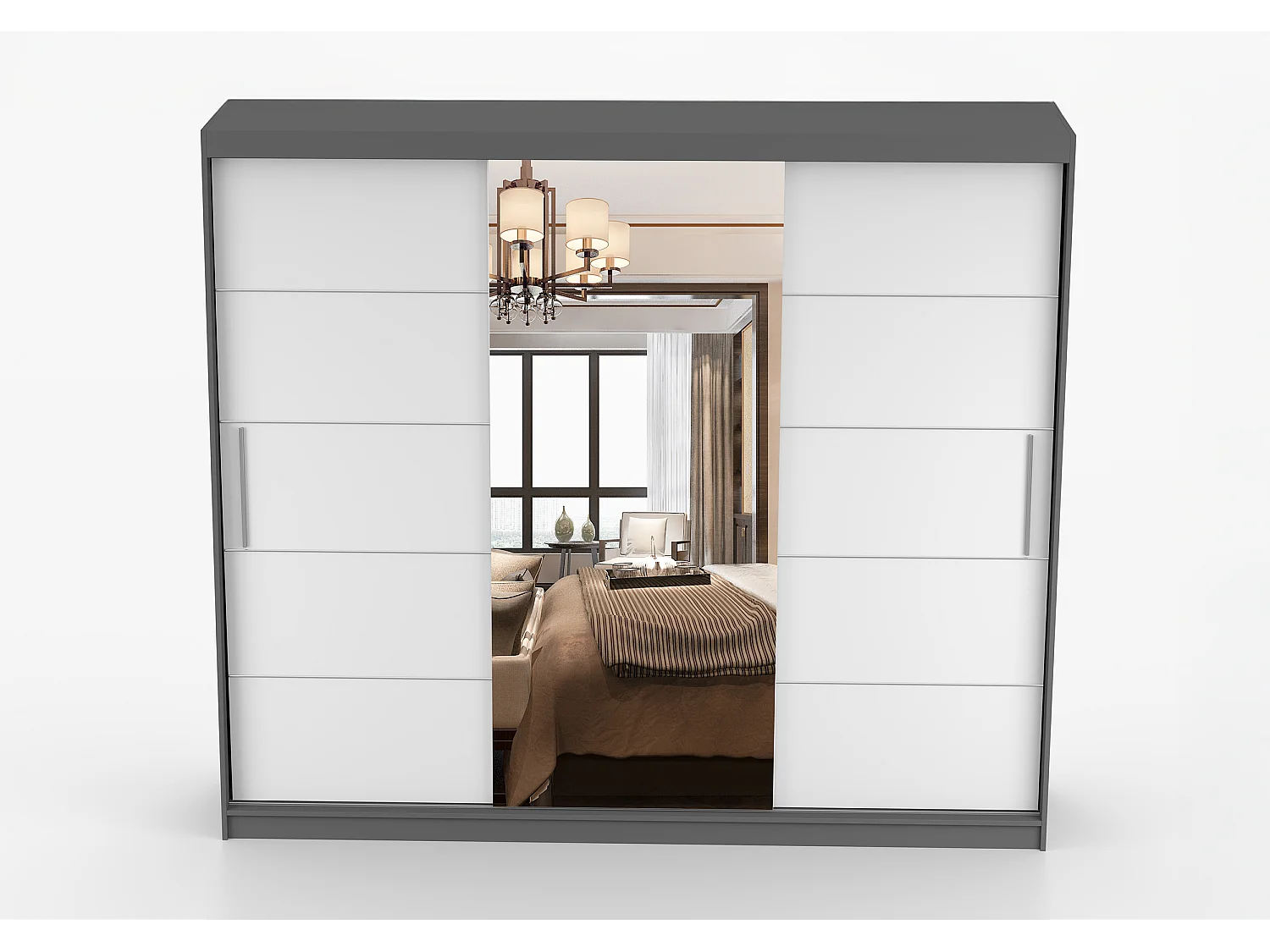 Armoire Olympe 233 cm avec miroir - Gris - Blanc