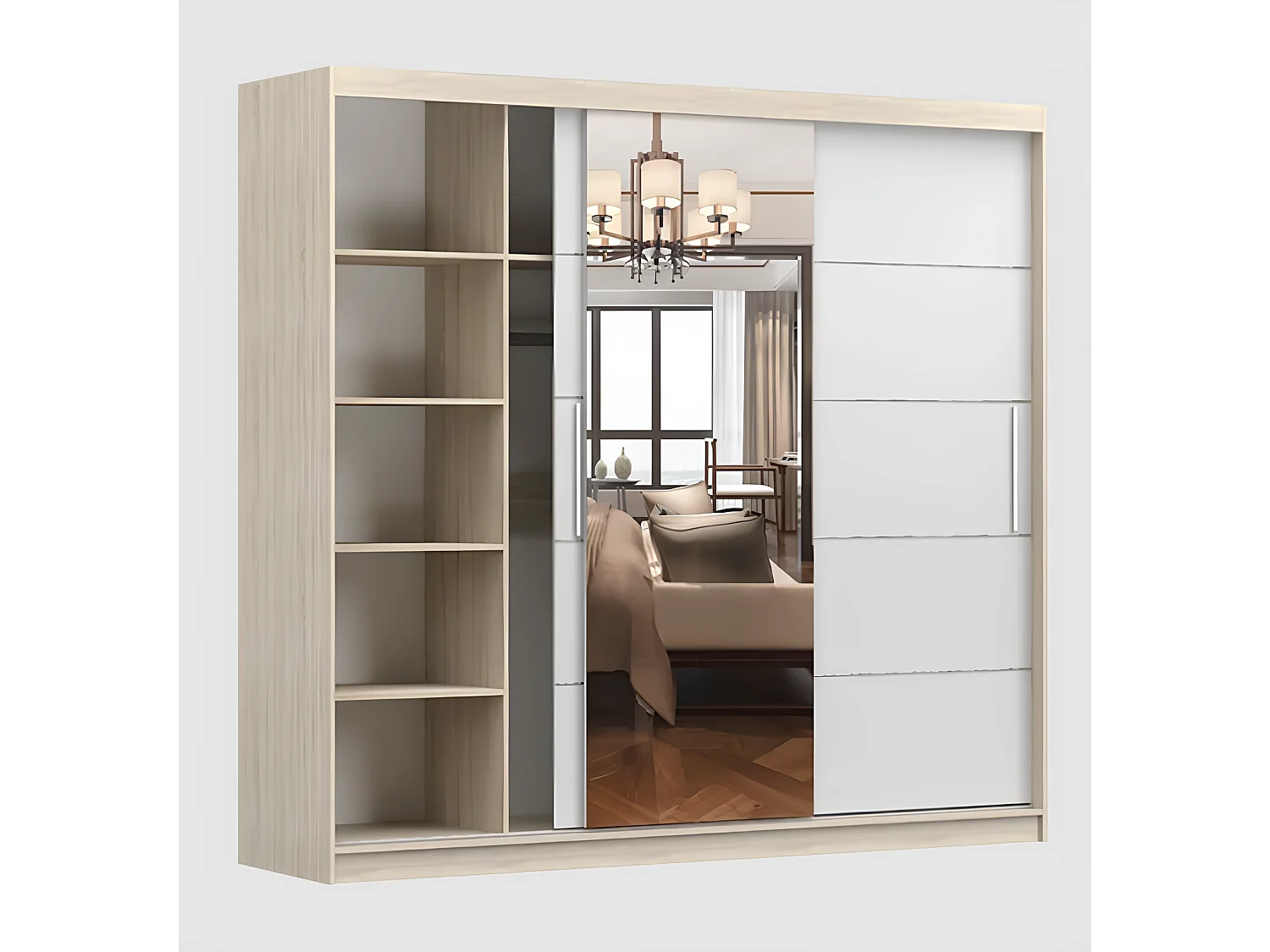 Armoire Olympe 233 cm avec miroir - Gris - Blanc
