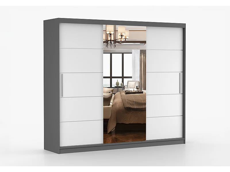 Armoire Olympe 233 cm avec miroir - Gris - Blanc