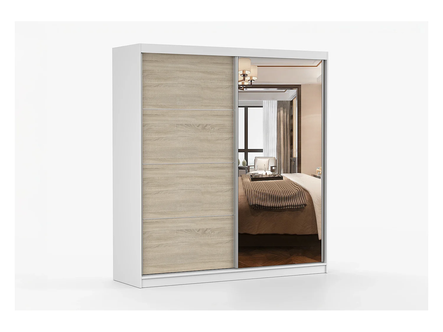 Armoire Tais 203 cm avec miroir - Blanc - Chêne
