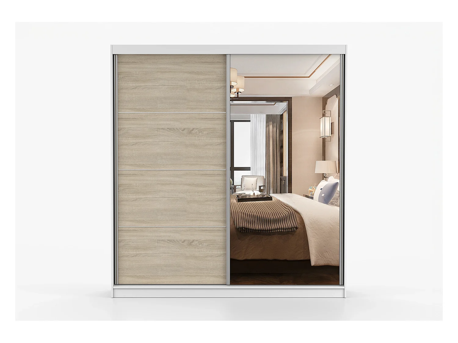 Armoire Tais 203 cm avec miroir - Blanc - Chêne