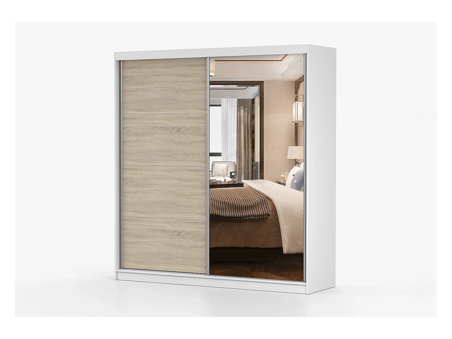 Armoire Tais 203 cm avec miroir - Blanc - Chêne