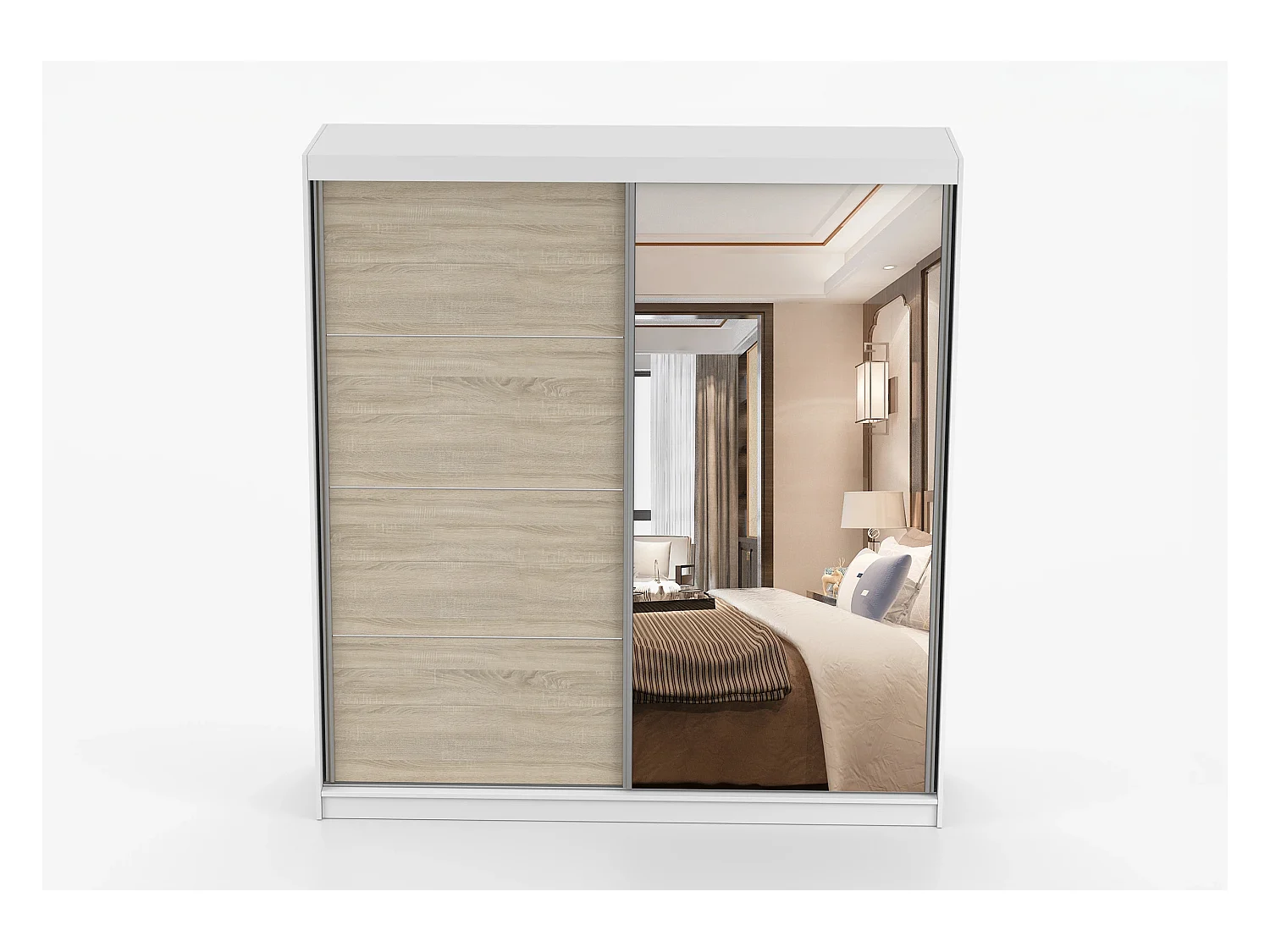 Armoire Tais 203 cm avec miroir - Blanc - Chêne