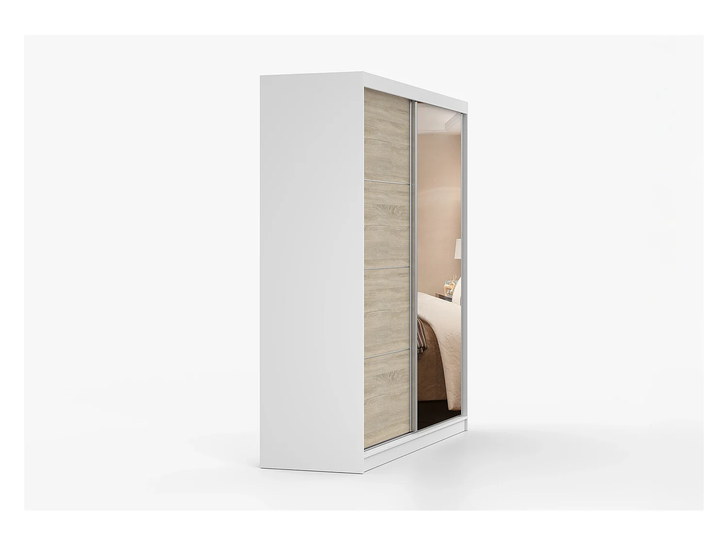 Armoire Tais 203 cm avec miroir - Blanc - Chêne