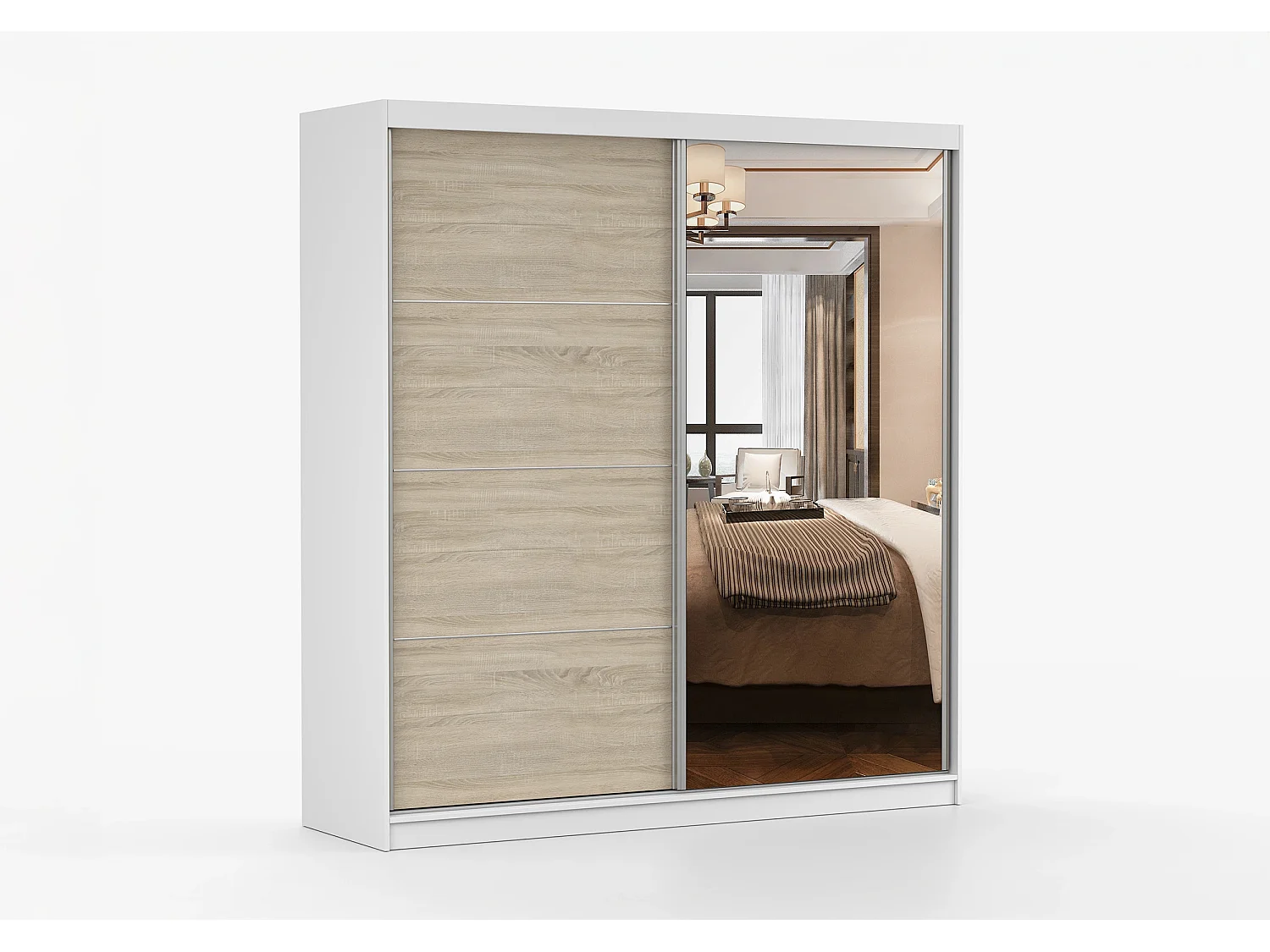 Armoire Tais 203 cm avec miroir - Blanc - Chêne