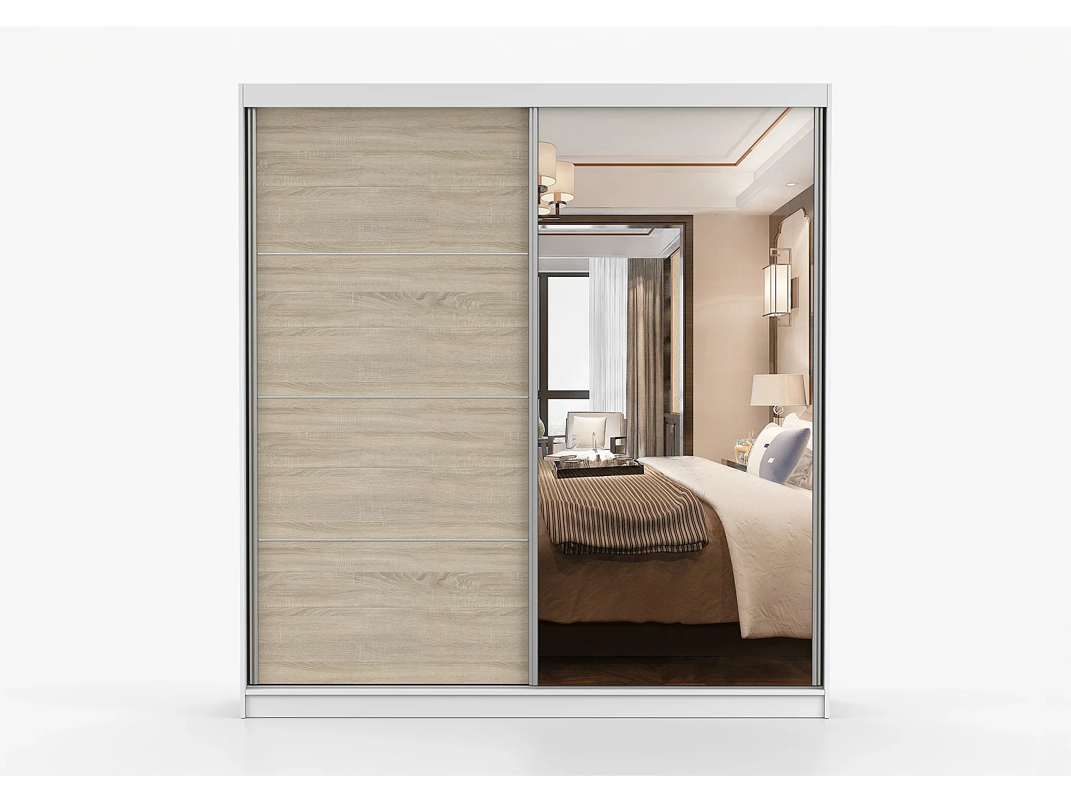 Armoire Tais 203 cm avec miroir - Blanc - Chêne